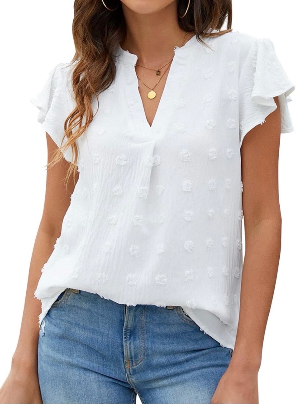Swiss Dots V-Neck Top Ruffle Short Sleeve White Large Flowy